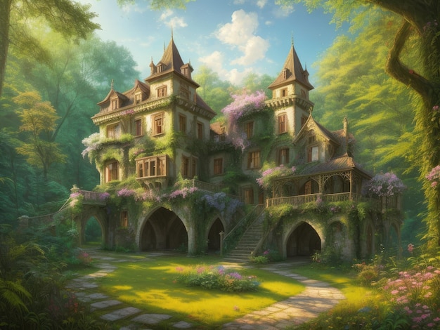 A painting of a house in the forest