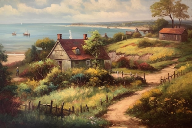 A painting of a house on a hill with a beach in the background.