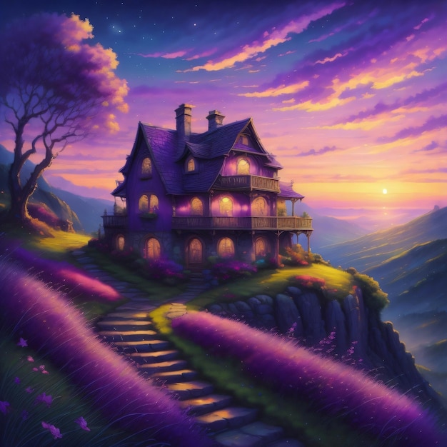 A painting of a house on a hill with a sky background