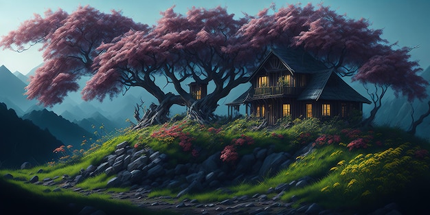 A painting of a house on a hill with a tree in the background.