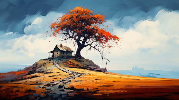 a painting of a house on a hill with a tree