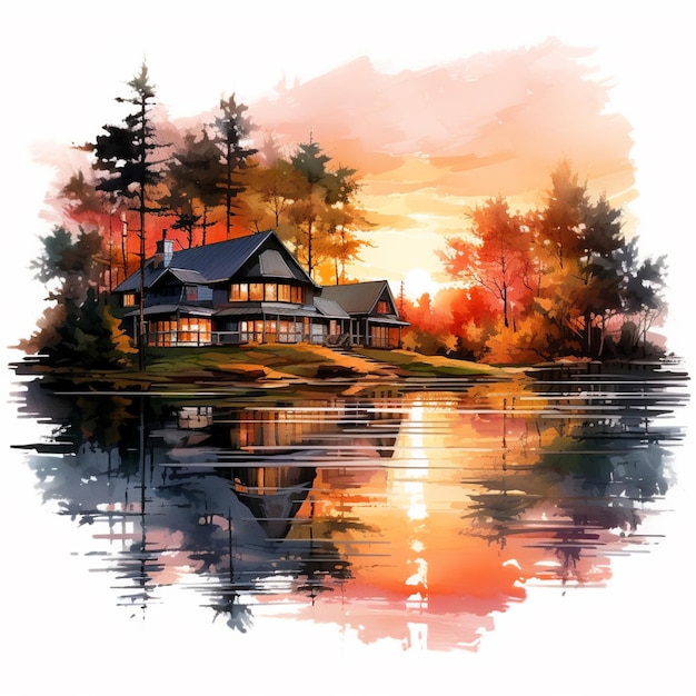 painting of a house on a lake with a sunset in the background generative ai