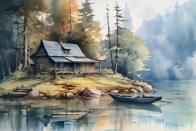 A painting of a house on a lake