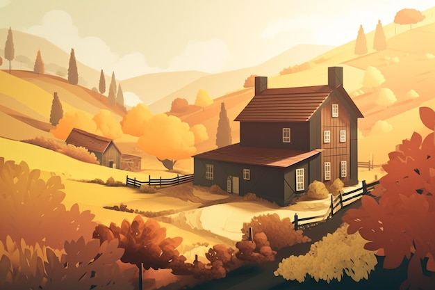 A painting of a house in the mountains with a yellow background.