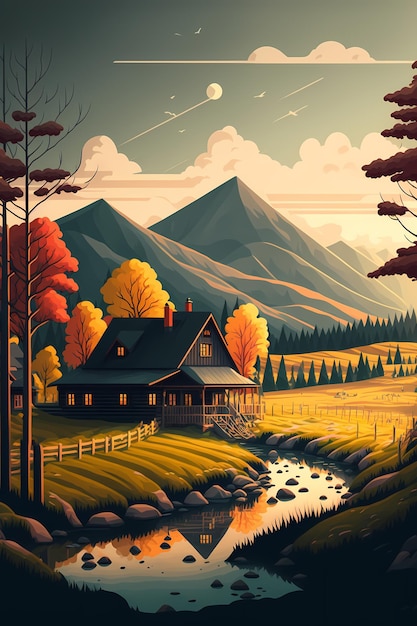 A painting of a house in the mountains