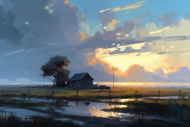 A painting of a house in the sunset