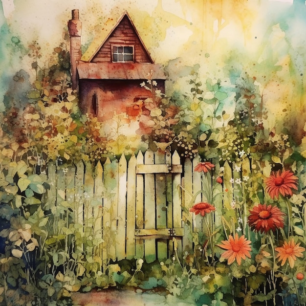 A painting of a house surrounded by flowers