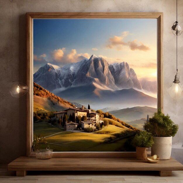 a painting of a house on a table with mountains in the background