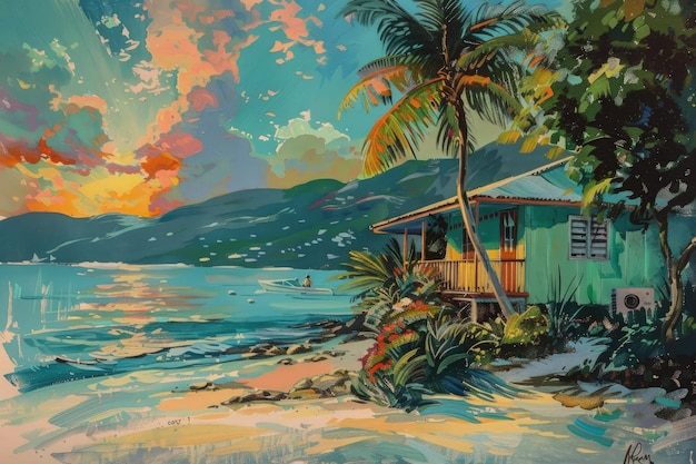 A painting of a house on a tropical beach