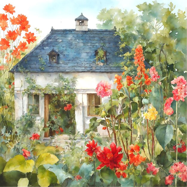 a painting of a house with a blue roof and a house with flowers in the foreground