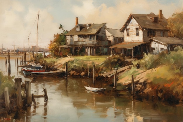 A painting of a house with a boat in the water