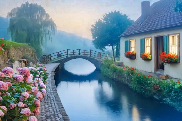 a painting of a house with a bridge and flowers in the water