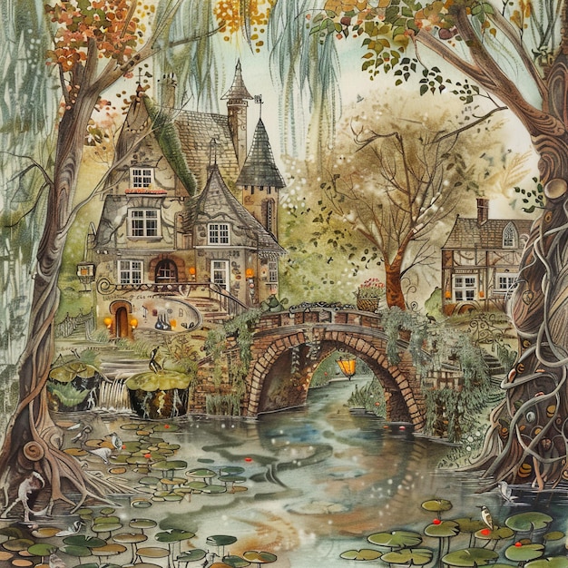 a painting of a house with a bridge and trees in the background