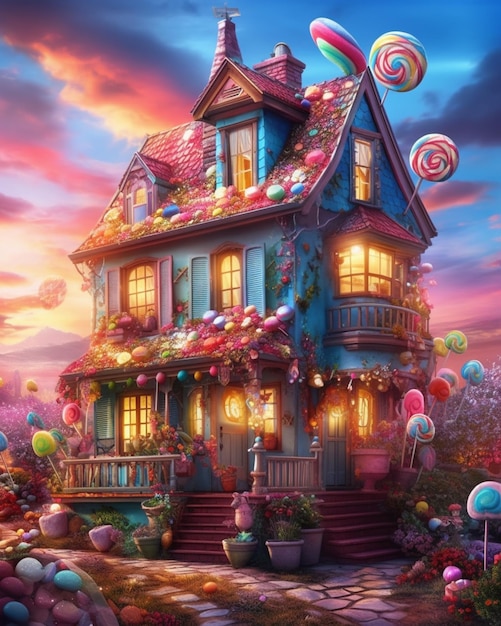 A painting of a house with a candy bar on the front.