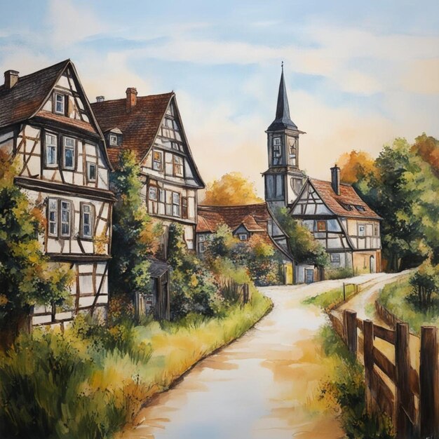 a painting of a house with a church in the background