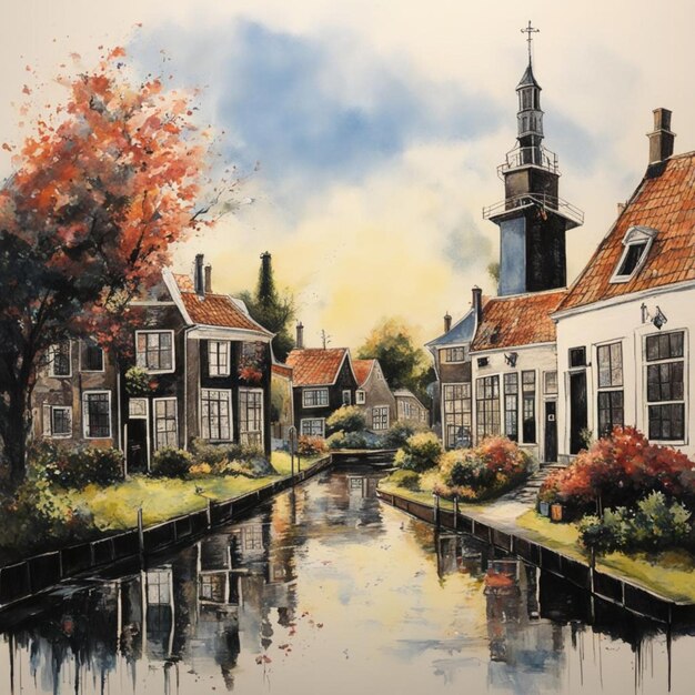 a painting of a house with a clock tower in the background