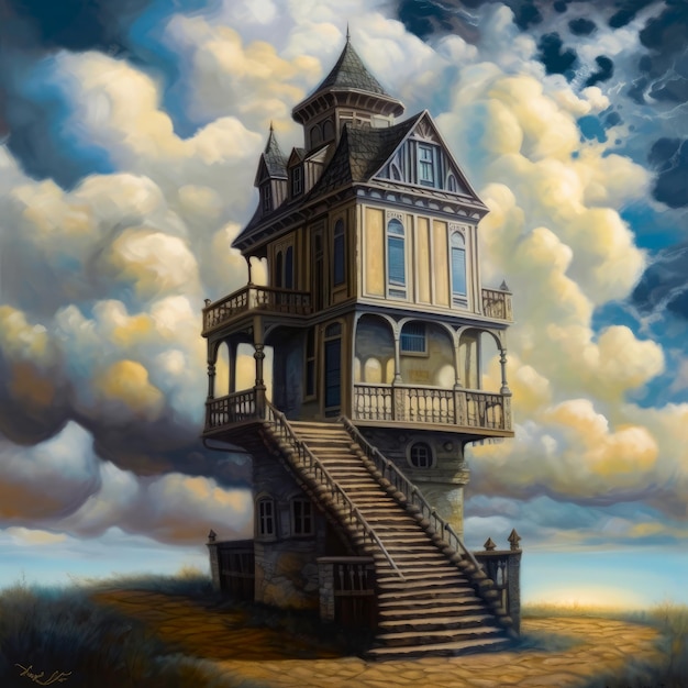 A painting of a house with a cloudy sky in the background.