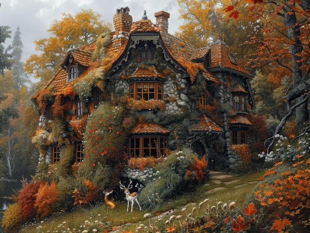 a painting of a house with a deer and deer in front of it