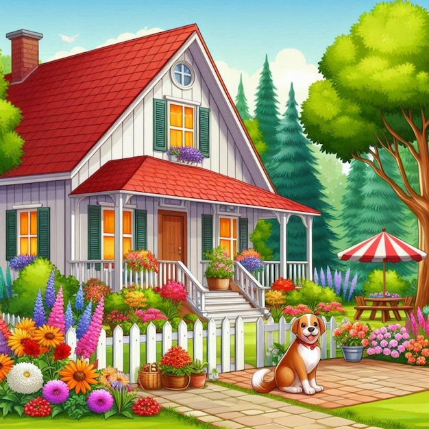 a painting of a house with a dog in the yard