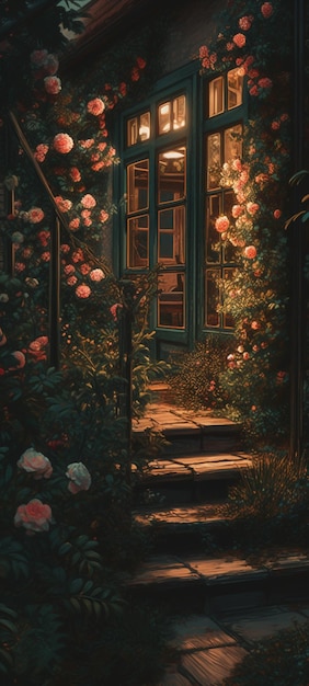 A painting of a house with a door that says'the secret garden '