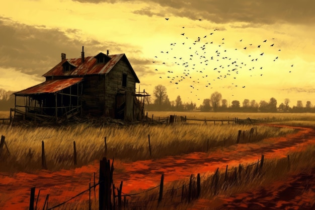 A painting of a house with a fence and birds flying around it.