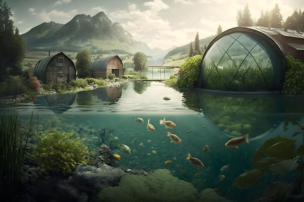 A painting of a house with a fish swimming in the water.