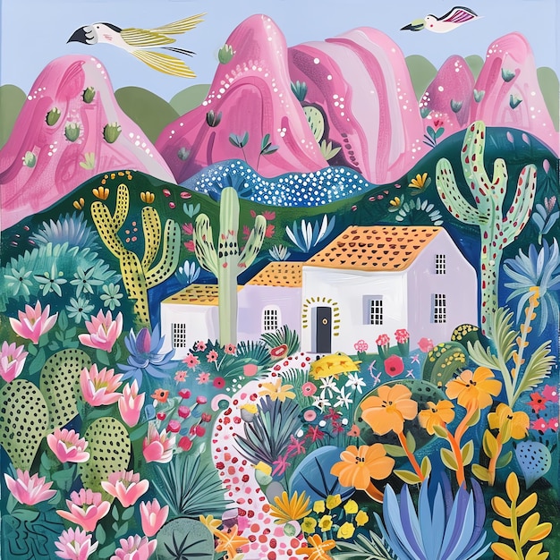 Photo a painting of a house with flowers and birds in the background