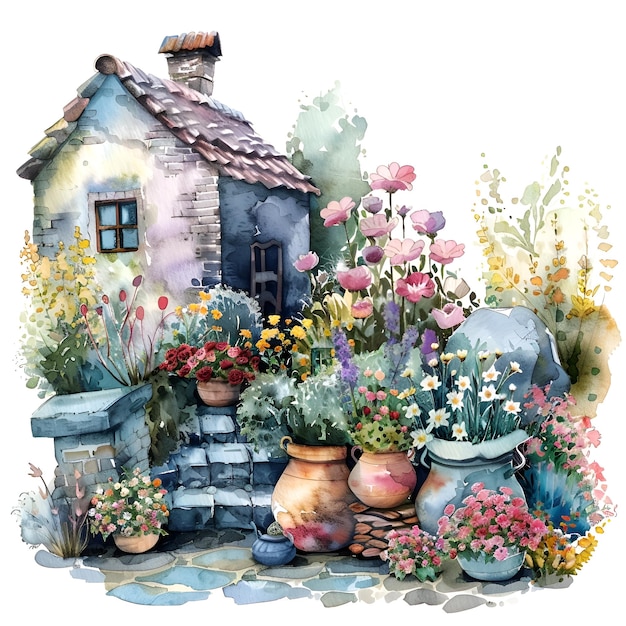 a painting of a house with flowers and a house in the background