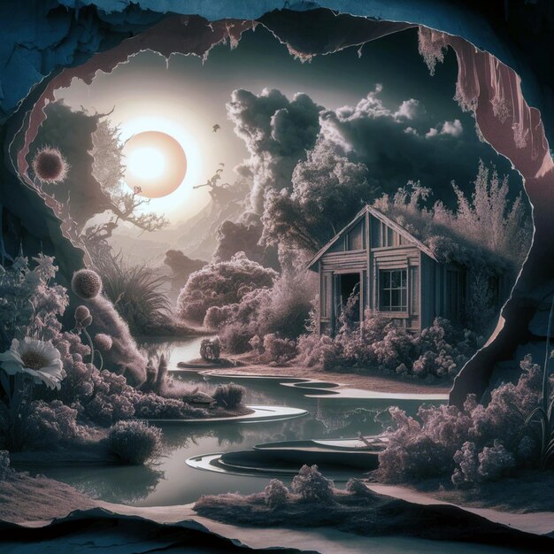 a painting of a house with a full moon in the background