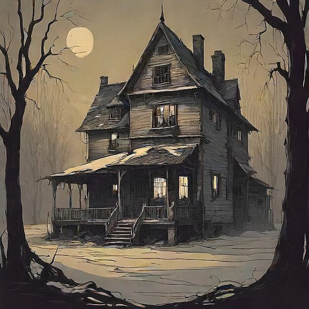 a painting of a house with a full moon in the background