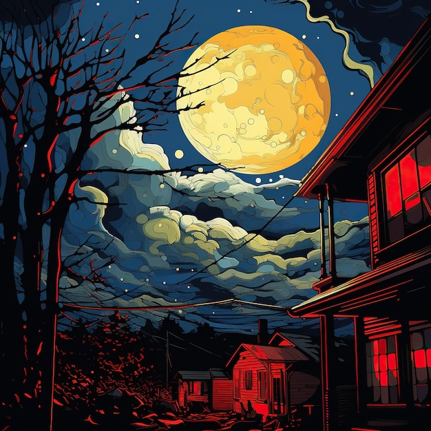 a painting of a house with a full moon in the sky