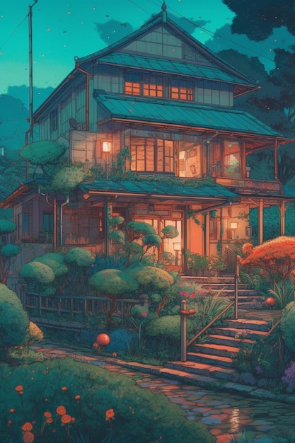 A painting of a house with a garden in front of it