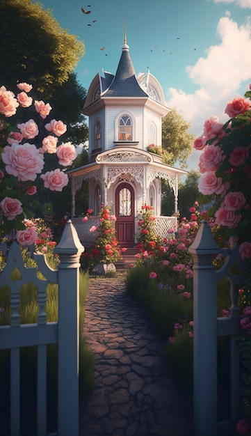 A painting of a house with a gate that says'house of roses '