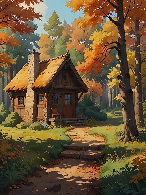 a painting of a house with a house on the side and a path leading to it