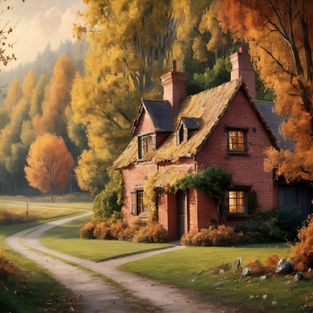 a painting of a house with a house on the side and a sign that says  the house