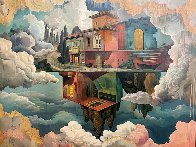 a painting of a house with a house on the top of it