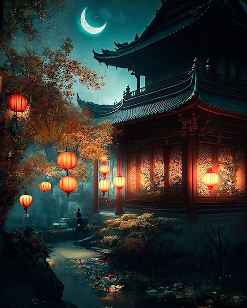 A painting of a house with lanterns hanging from the ceiling