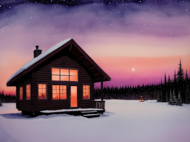 A painting of a house with the lights on