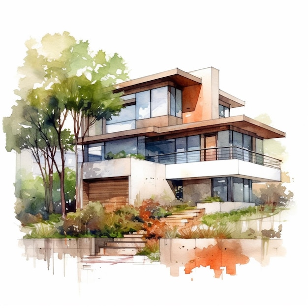 A painting of a house with a lot of windows and a lot of trees generative ai