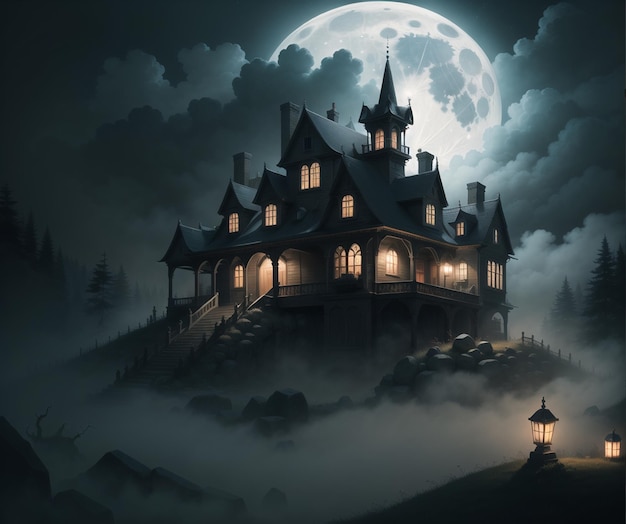 A painting of a house with the moon in the background.