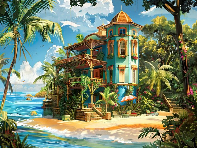 a painting of a house with a palm tree on the right side