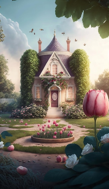 A painting of a house with a pink door and a large window with the words " tulips " on it.