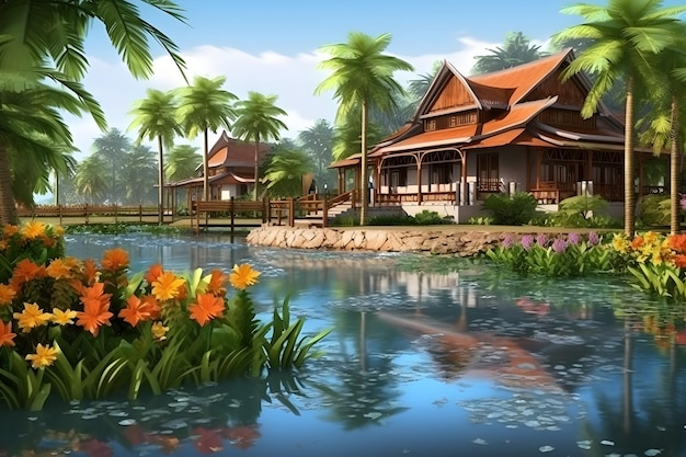 A painting of a house with a pond and palm trees in the background.