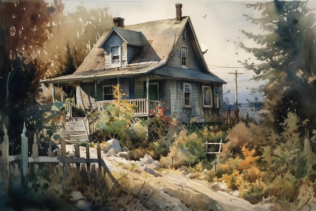 A painting of a house with a porch and a fence in the background.