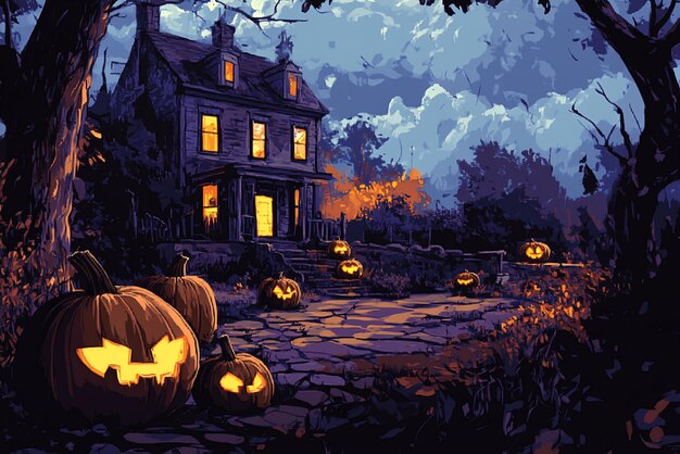 a painting of a house with pumpkins on the front