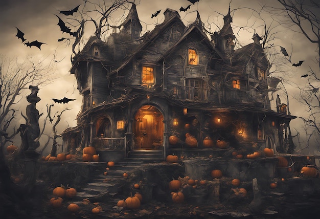 a painting of a house with pumpkins on the front