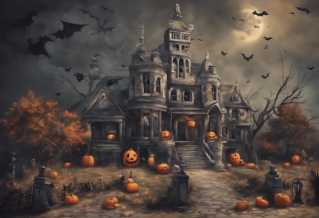 a painting of a house with pumpkins on it