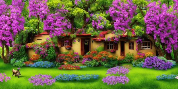 A painting of a house with purple flowers in the foreground.