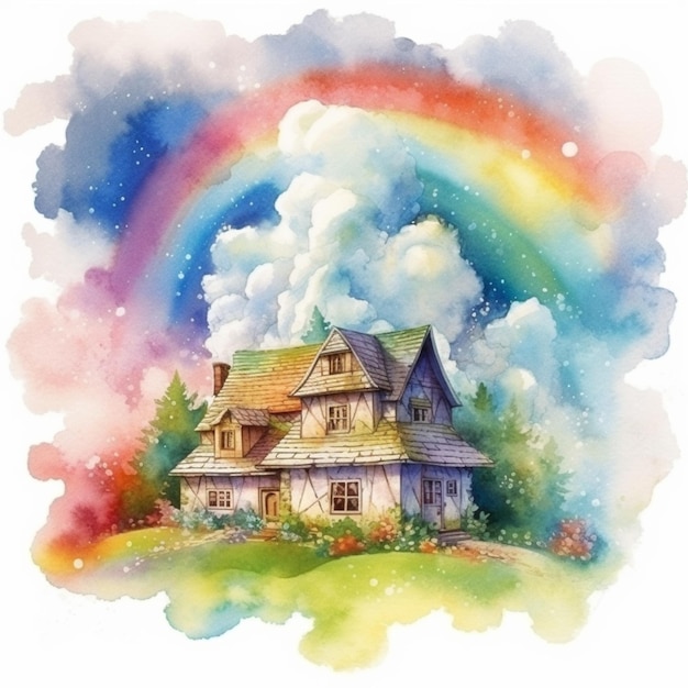 painting of a house with a rainbow in the sky generative ai