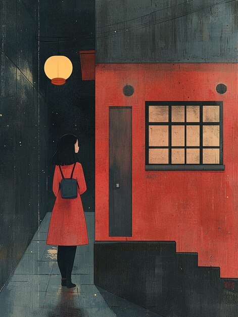 Photo a painting of a house with a red dress on it